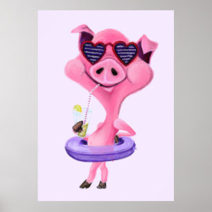 Funny Poster with Happy Party Pig - Painting