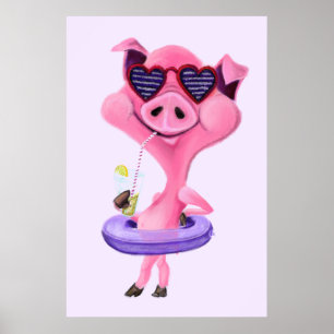 Funny Poster with Happy Party Pig - Painting