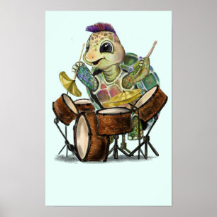 Funny Poster with Turtle Drummer - Painting