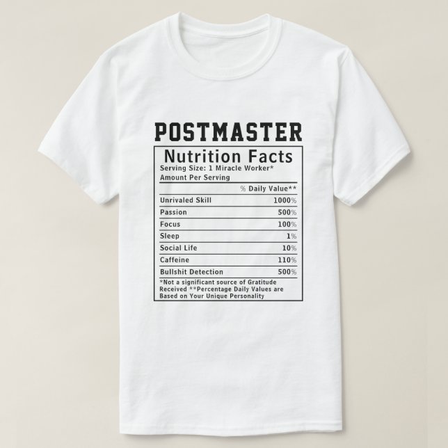 Funny Postmaster Nutrition Facts Mailroom Gift T-Shirt (Design Front)