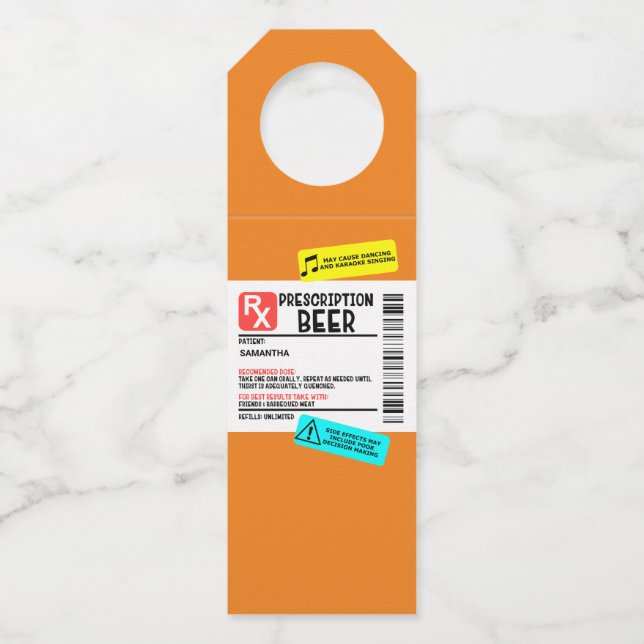 Funny Prescription Beer Warning Label Personalised Bottle Tag (Front)