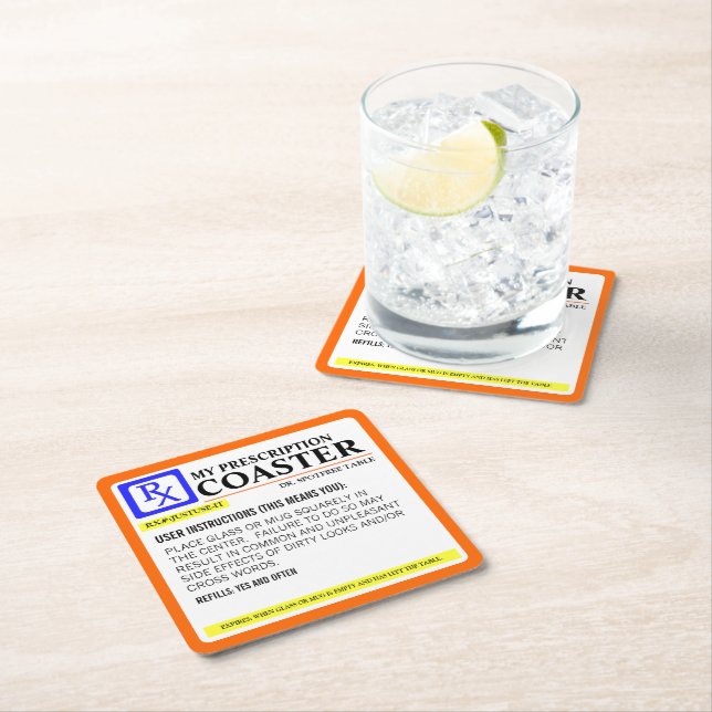 Funny Prescription Label Square Paper Coaster (Insitu)