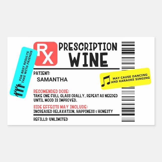 Funny Prescription Wine Warning Label Personalised (Front)
