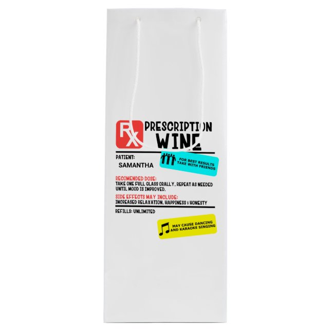 Funny Prescription Wine Warning Label Personalised Wine Gift Bag (Front)