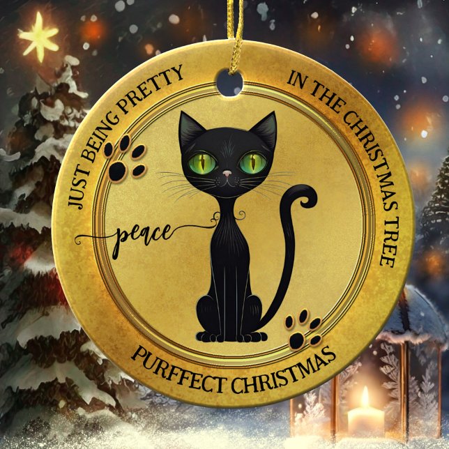 Funny Pretty Black Kitty Gold Christmas Ceramic Tree Decoration (Elegant artistic Christmas ornament featuring a cute black kitty on pretty gold)