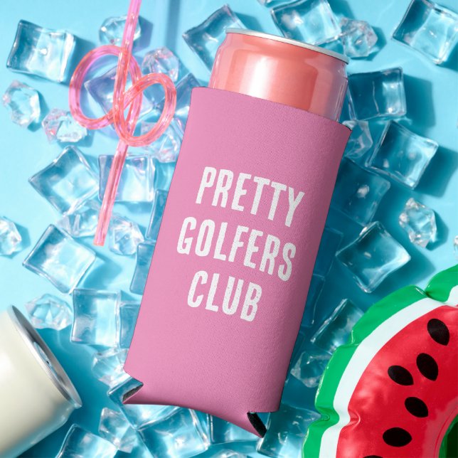 Funny "Pretty Golfers Club." Pink and White Seltzer Can Cooler (In Situ Summer)