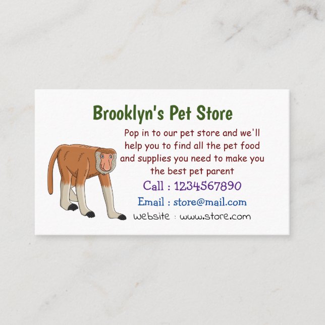 Funny proboscis monkey cartoon illustration business card (Front)