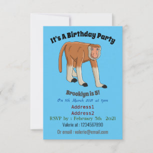 Funny proboscis monkey cartoon illustration invitation