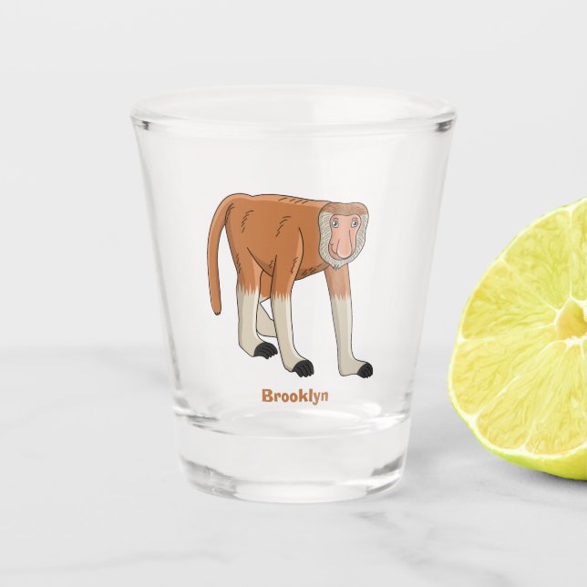 Funny proboscis monkey cartoon illustration shot glass (Front)