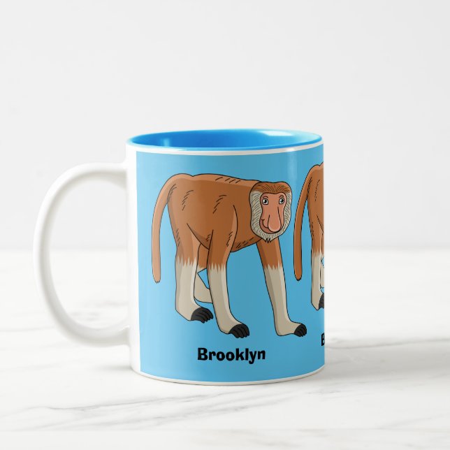 Funny proboscis monkey cartoon illustration Two-Tone coffee mug (Left)