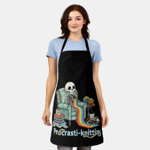 Funny Procrasti-knitting Skeleton and Cat with Apron