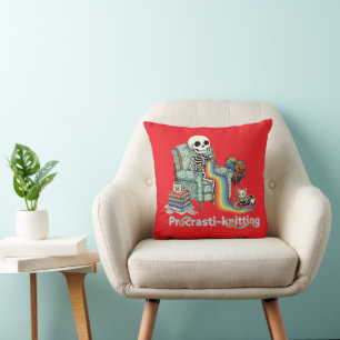 Funny Procrasti-knitting Skeleton and Cat with Cushion