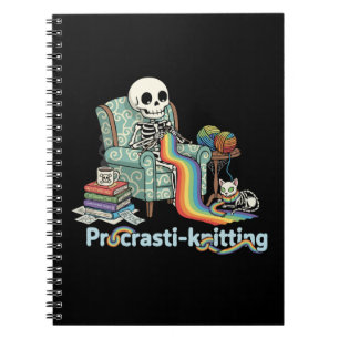 Funny Procrasti-knitting Skeleton and Cat with Notebook