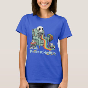 Funny Procrasti-knitting Skeleton and Cat with T-Shirt
