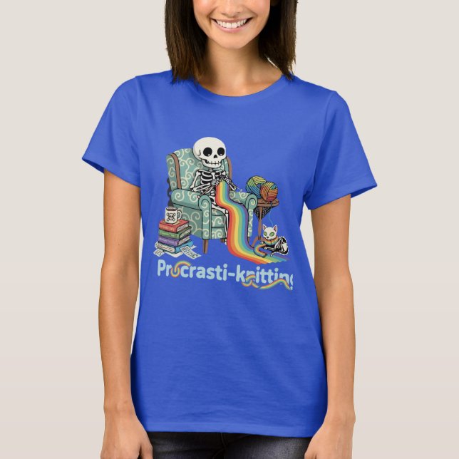  Funny Procrasti-knitting Skeleton and Cat with  T-Shirt (Front)