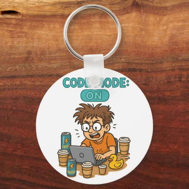 Funny Programmer Cartoon with "Code Mode: ON"  Key Ring (Front)