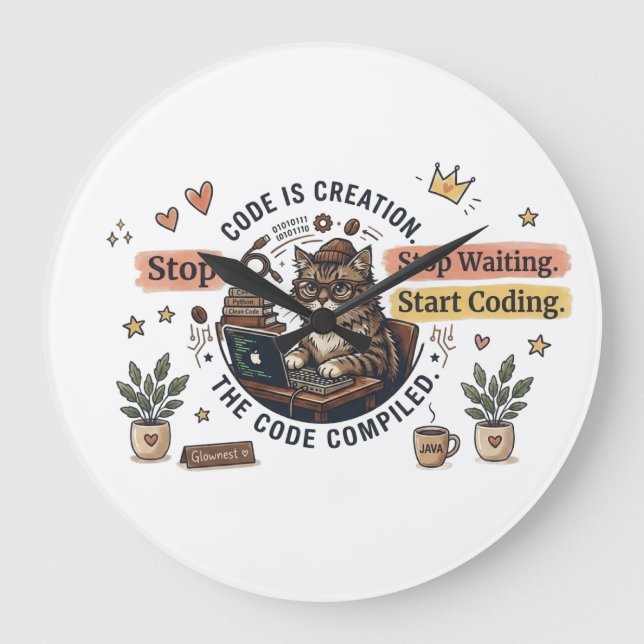 Funny Programmer Cat Hoodie | Eat Sleep Code Repea Large Clock (Front)