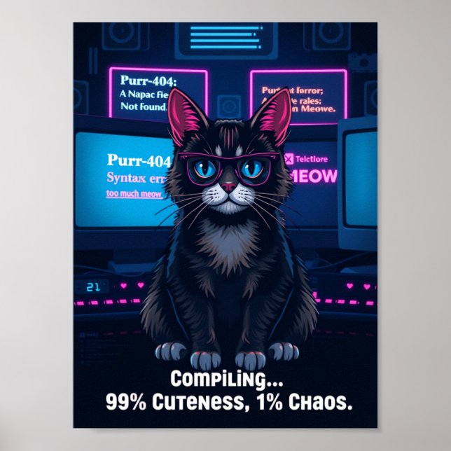 Funny Programmer Cat Poster – “Compiling 99% Cuten (Front)