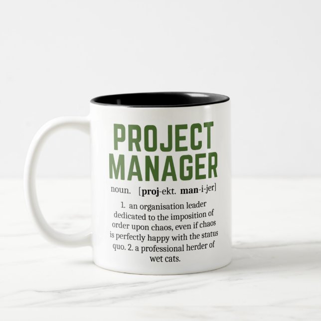 Funny Project Manager Dictionary Definition, Humou Two-Tone Coffee Mug (Left)