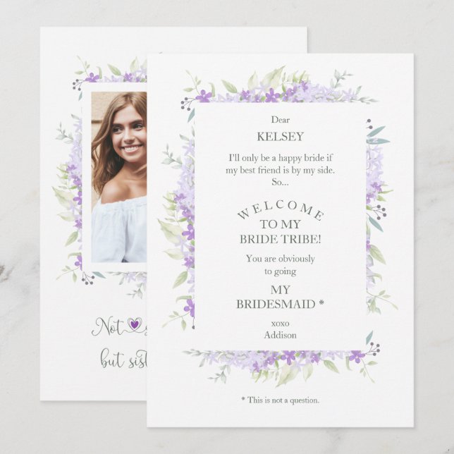 Funny Proposal Photo Bridesmaid Purple Wildflowers (Front/Back)
