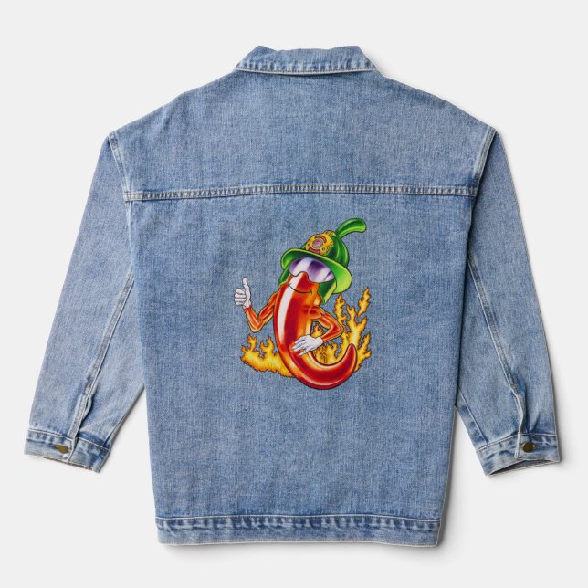 Funny Proud Firefighter Chilli On Fire Gives Thumb Denim Jacket (Back)