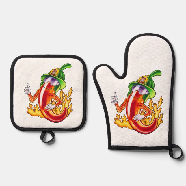 Funny Proud Firefighter Chilli On Fire Gives Thumb Oven Mitt & Pot Holder Set (Front)