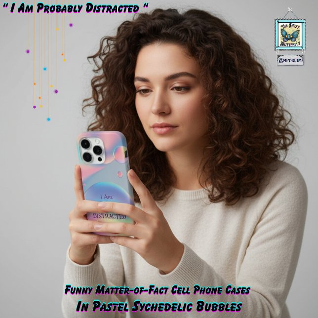 Funny Psychedelic Pastel Bubble Typography Text iPhone Case (Funny pastel "I Am Probably Distracted" psychedelic iPhone cell phone case)