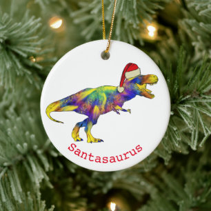 Funny Psychedelic Tyrannosaurus Rex Santa Dinosaur Ceramic Tree Decoration