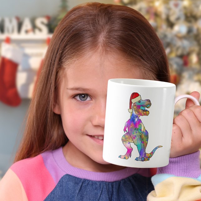 Funny Psychedelic Tyrannosaurus Rex Santa Dinosaur Coffee Mug (Colorful Christmas dinosaur T-Rex wearing a Santa hat pink purple green dino for girls)