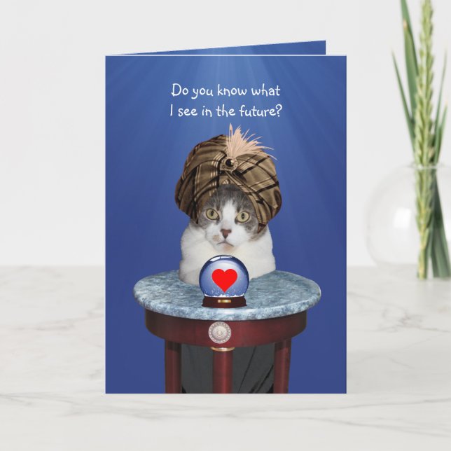 Funny Psychic Kitty Valentine Holiday Card (Front)