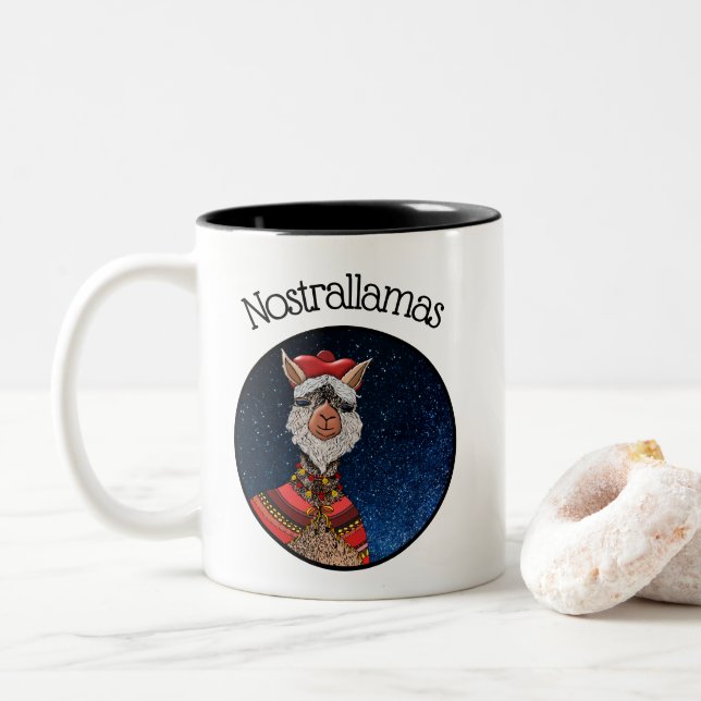 Funny Psychic Nostradamus Llama Halloween Party Two-Tone Coffee Mug (With Donut)