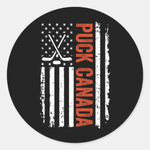 Funny Puck Canada Us Hockey Vintage American Flag Classic Round Sticker