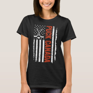 Funny Puck Canada Us Hockey Vintage American Flag T-Shirt