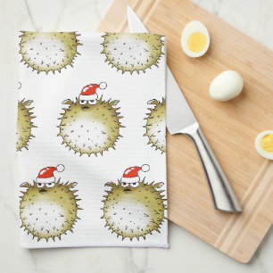 Funny Puffer Fish Christmas Tea Towel