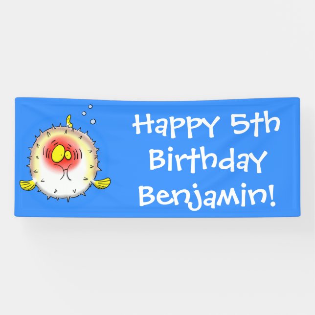 Funny puffer fish porcupine fish cartoon banner (Horizontal)