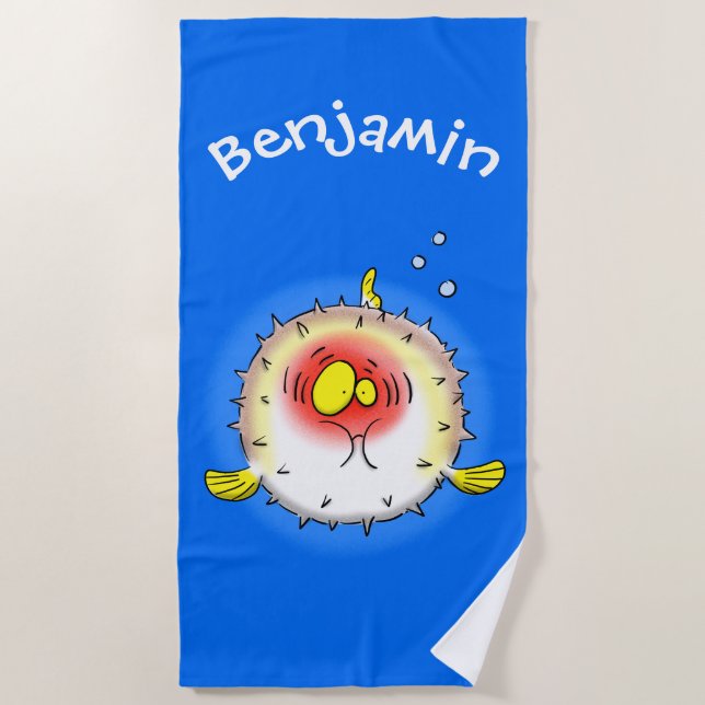Funny puffer fish porcupine fish cartoon beach towel (Front)