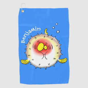 Funny puffer fish porcupine fish cartoon  golf towel