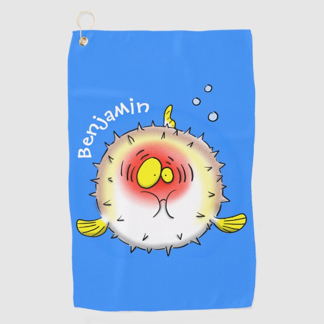 Funny puffer fish porcupine fish cartoon  golf towel (Front)