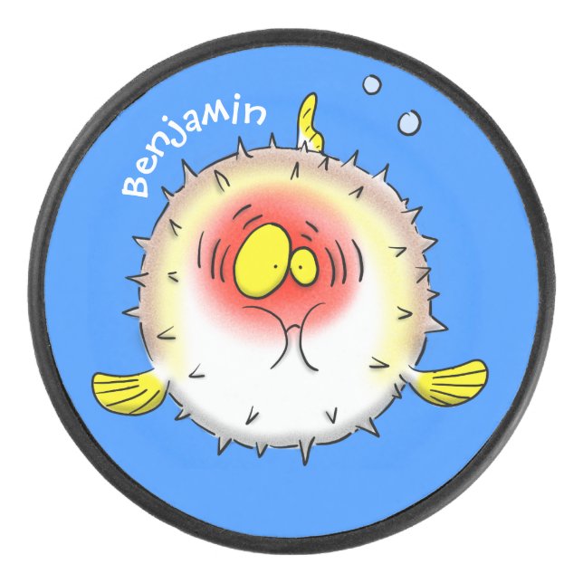 Funny puffer fish porcupine fish cartoon hockey puck (Front)