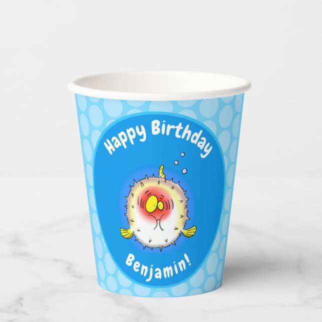 Funny puffer fish porcupine fish cartoon paper cups (Front)