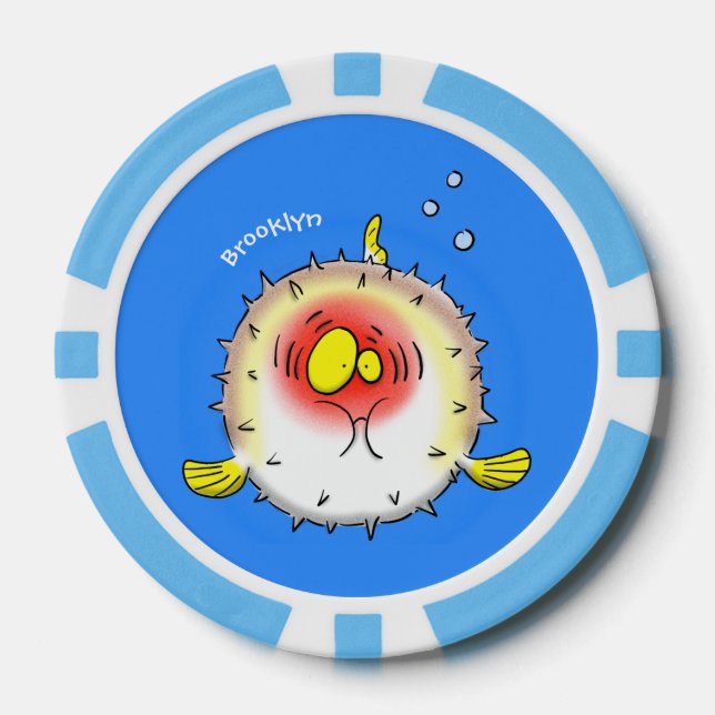Funny puffer fish porcupine fish cartoon poker chips (Front)
