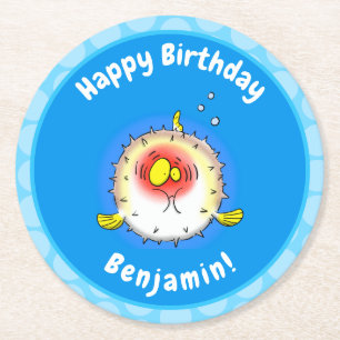 Funny puffer fish porcupine fish cartoon round paper coaster