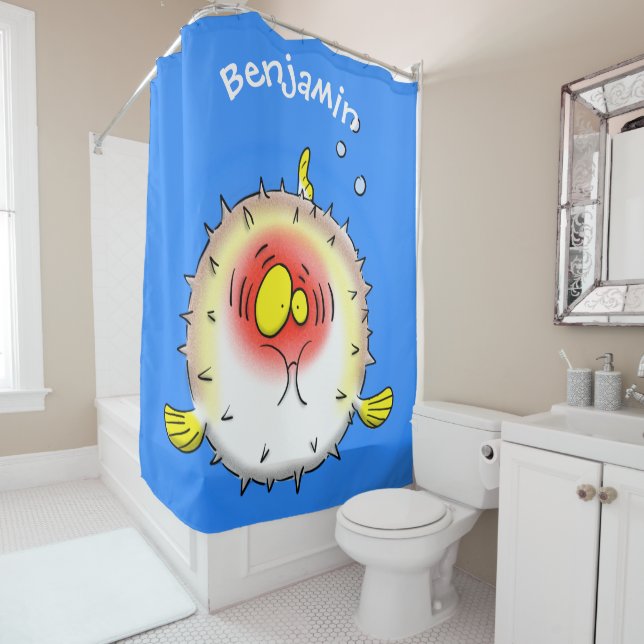 Funny puffer fish porcupine fish cartoon shower curtain (In Situ)