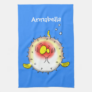 Funny puffer fish porcupine fish cartoon tea towel