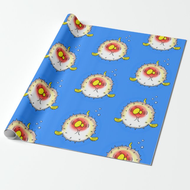 Funny puffer fish porcupine fish cartoon wrapping paper (Unrolled)