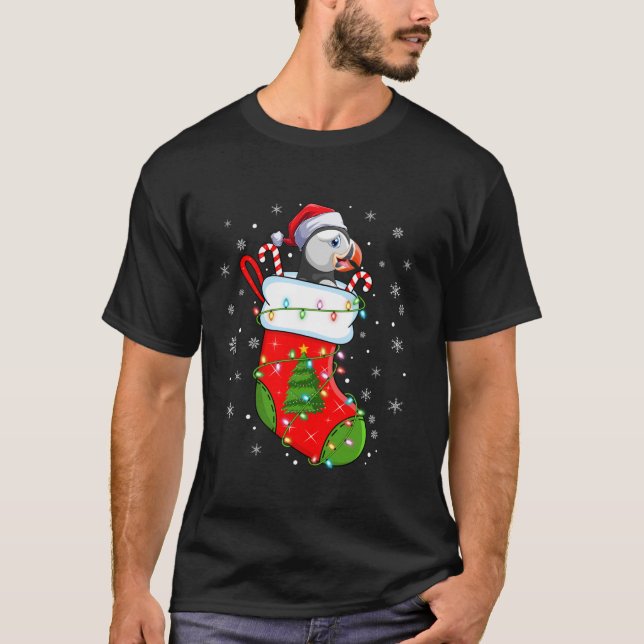 Funny Puffin Bird In Christmas Socks Santa Lights  T-Shirt (Front)