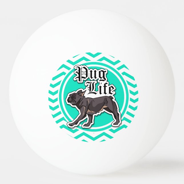 Funny Pug; Aqua Chevron Ping Pong Ball (Front)