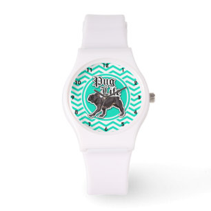 Funny Pug; Aqua Chevron Watch