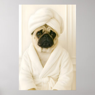 Funny Pug Bathroom Print, Pug In Bathrobe Poster