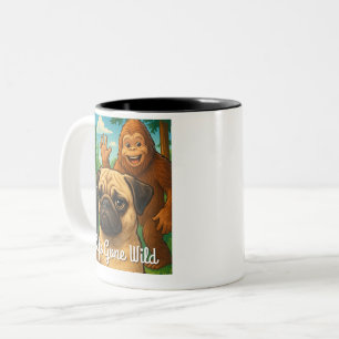 Funny Pug Bigfoot Photobomb – Selfie Gone Wild Two-Tone Coffee Mug